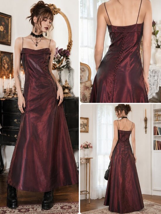 Dresses & Skirts - Vintage Y2K Burgandy Iridescent Liquid Satin Maxi Dress Goth Vampy Gown